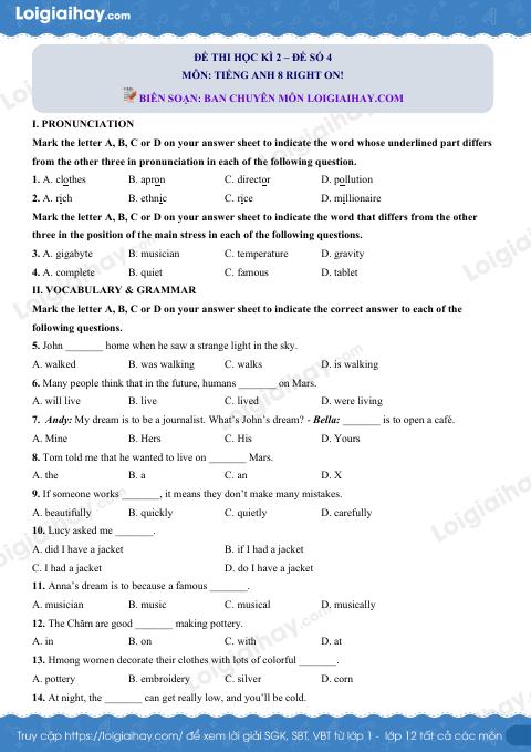Đề thi học kì 2 Tiếng Anh 8 Right on! - Đề số 4
